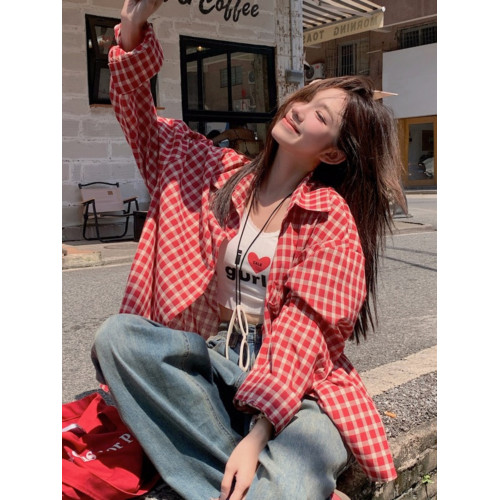 港風紅色大碼格子襯衫外搭女寬鬆顯瘦oversize百搭男友風長袖襯衫