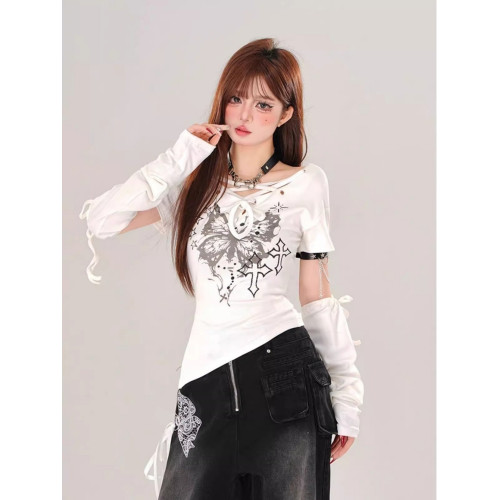 美式辣妹蝴蝶印花系帶短袖t恤女夏季不規則設計感修身顯瘦ing上衣