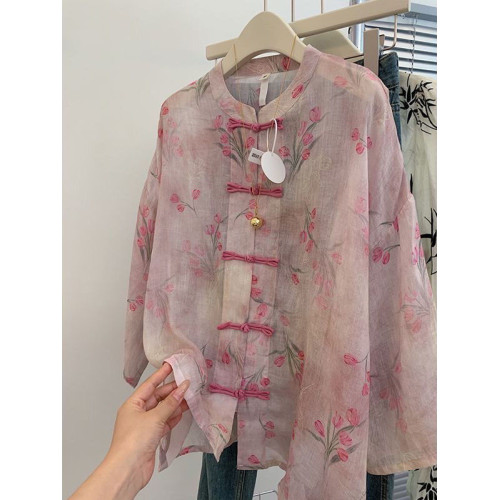 新中式國風盤釦雪紡衫女長袖夏季新款獨特減齡防曬衣寬鬆顯瘦襯衫