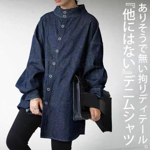 日系日單anti*pua2022秋季立領環釦純棉寬大牛仔襯衫： 男女同款