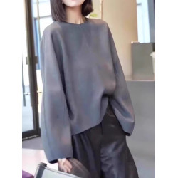 大碼時髦洋氣灰色圓領長袖襯衫女秋2026新款胖mm韓版寬鬆百搭上衣