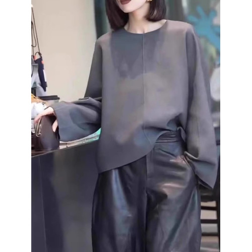 大碼時髦洋氣灰色圓領長袖襯衫女秋2026新款胖mm韓版寬鬆百搭上衣