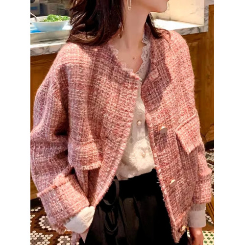 時尚高級感2025年新款秋季女裝法式設計小香風粉色粗花呢外套上衣