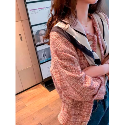 時尚高級感2025年新款秋季女裝法式設計小香風粉色粗花呢外套上衣