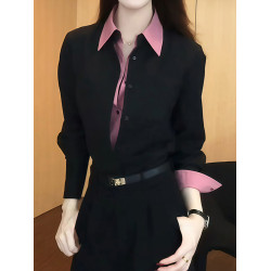 通勤風撞色假兩件POLO領襯衫女春季新款高級百搭正肩長袖減齡上衣