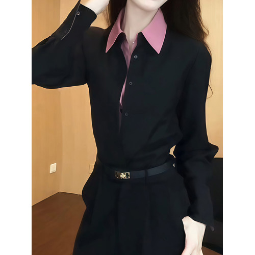 通勤風撞色假兩件POLO領襯衫女春季新款高級百搭正肩長袖減齡上衣