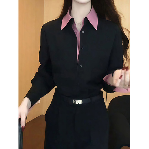 通勤風撞色假兩件POLO領襯衫女春季新款高級百搭正肩長袖減齡上衣
