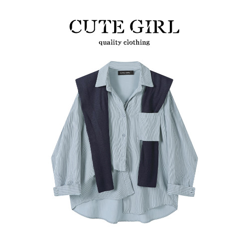 CuteGirl設計感條紋披肩Polo領襯衫女早秋季寬鬆休閒百搭通勤襯衣