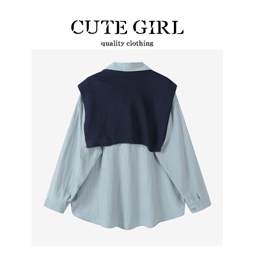 CuteGirl設計感條紋披肩Polo領襯衫女早秋季寬鬆休閒百搭通勤襯衣