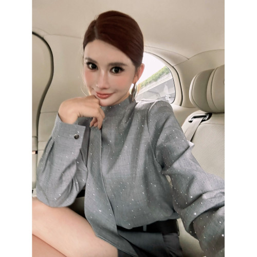 李婉君法式高級感燙鑽長袖襯衫女秋冬氣質減齡襯衣百搭立領上衣