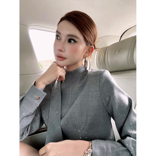 李婉君法式高級感燙鑽長袖襯衫女秋冬氣質減齡襯衣百搭立領上衣
