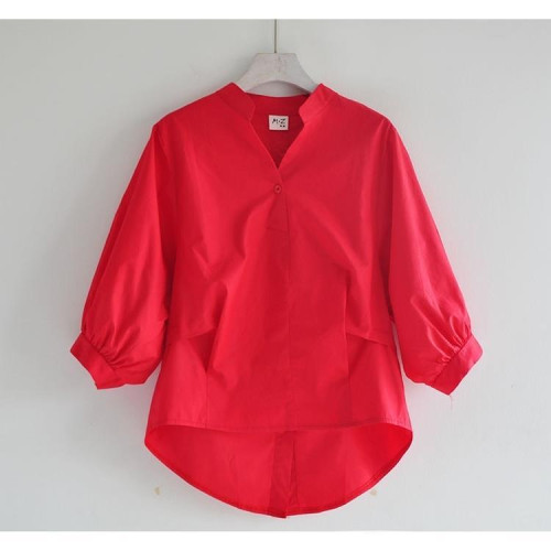 出口意大利大牌原單撤櫃餘單燈籠袖襯衫女裝純色V領上衣