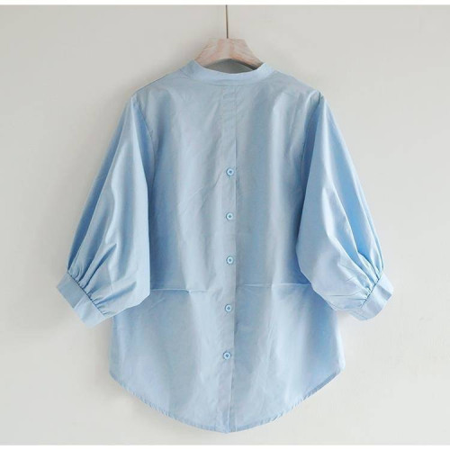 出口意大利大牌原單撤櫃餘單燈籠袖襯衫女裝純色V領上衣