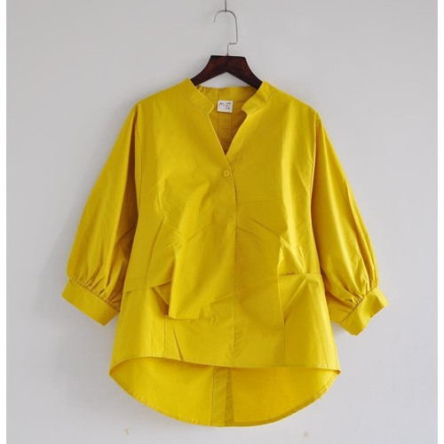 出口意大利大牌原單撤櫃餘單燈籠袖襯衫女裝純色V領上衣