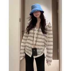 大碼胖mm冷感長袖連帽條紋開衫T恤女夏季韓系慵懶薄款防曬衣上衣