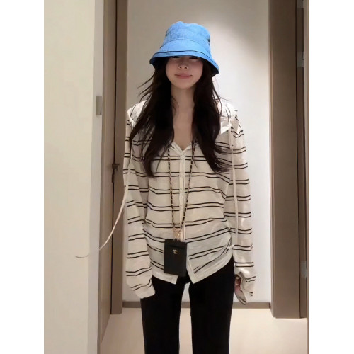大碼胖mm冷感長袖連帽條紋開衫T恤女夏季韓系慵懶薄款防曬衣上衣