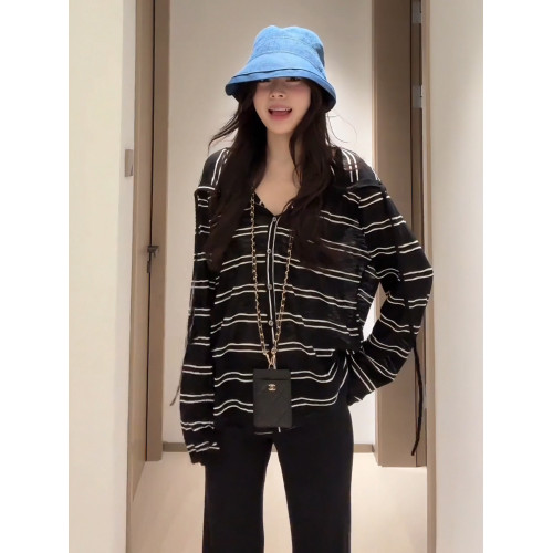 大碼胖mm冷感長袖連帽條紋開衫T恤女夏季韓系慵懶薄款防曬衣上衣
