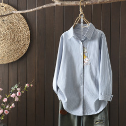 歐貨中長款純棉長袖襯衫女寬鬆2024春秋新款開衫刺綉襯衣遮肚大碼