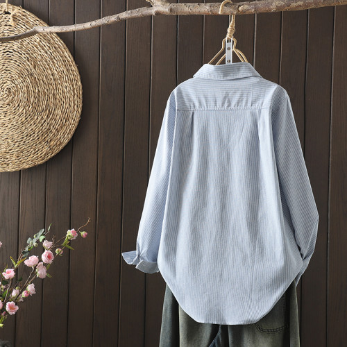 歐貨中長款純棉長袖襯衫女寬鬆2024春秋新款開衫刺綉襯衣遮肚大碼