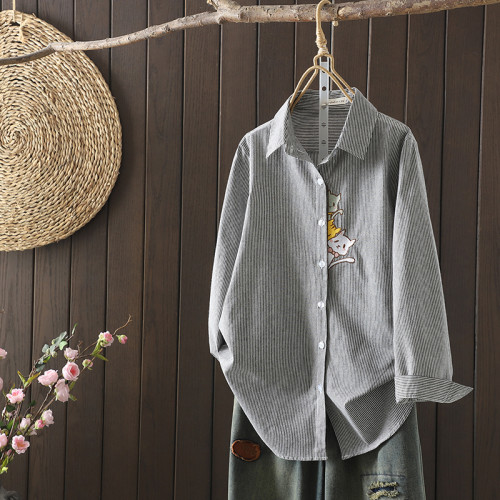 歐貨中長款純棉長袖襯衫女寬鬆2024春秋新款開衫刺綉襯衣遮肚大碼