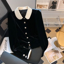 專櫃撤廻剪標黑色絲絨娃娃領襯衫女春夏新款高級感名媛小個子上衣