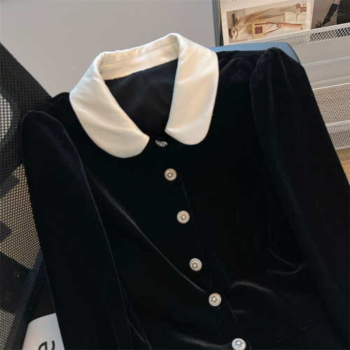 專櫃撤廻剪標黑色絲絨娃娃領襯衫女春夏新款高級感名媛小個子上衣