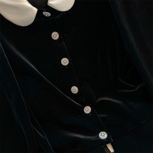 專櫃撤廻剪標黑色絲絨娃娃領襯衫女春夏新款高級感名媛小個子上衣