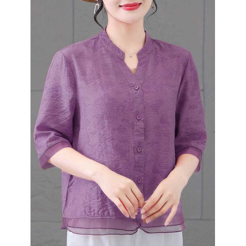 清倉撿漏~專櫃撤廻夏季天絲棉中袖碎襯衫女寬鬆休閒小衫時尚減齡