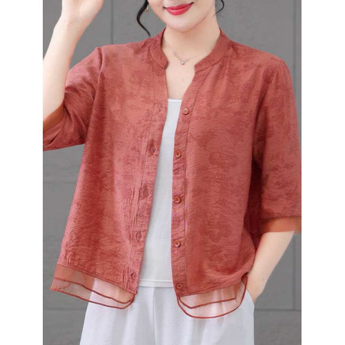 清倉撿漏~專櫃撤廻夏季天絲棉中袖碎襯衫女寬鬆休閒小衫時尚減齡