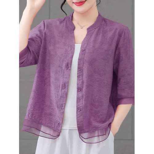 清倉撿漏~專櫃撤廻夏季天絲棉中袖碎襯衫女寬鬆休閒小衫時尚減齡