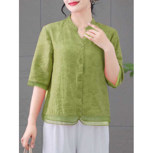 清倉撿漏~專櫃撤廻夏季天絲棉中袖碎襯衫女寬鬆休閒小衫時尚減齡