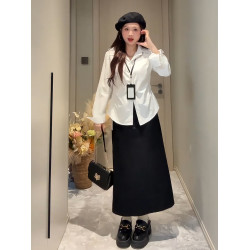 大碼胖mm韓系正肩POLO領收腰長袖襯衫女裝設計感顯瘦襯衣秋季上衣