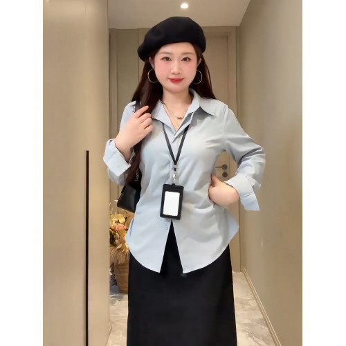 大碼胖mm韓系正肩POLO領收腰長袖襯衫女裝設計感顯瘦襯衣秋季上衣