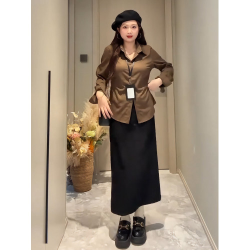 大碼胖mm韓系正肩POLO領收腰長袖襯衫女裝設計感顯瘦襯衣秋季上衣