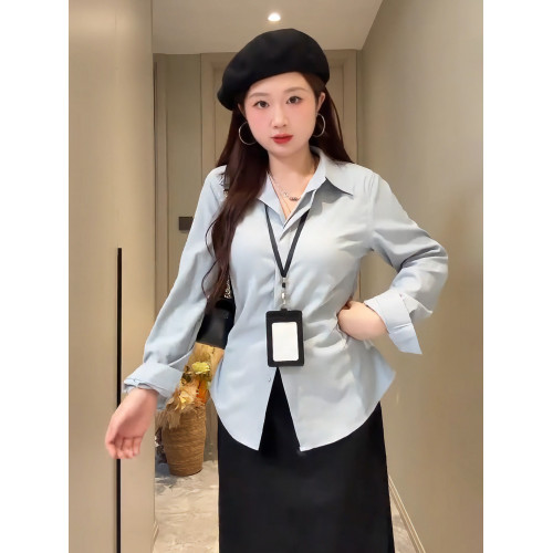 大碼胖mm韓系正肩POLO領收腰長袖襯衫女裝設計感顯瘦襯衣秋季上衣