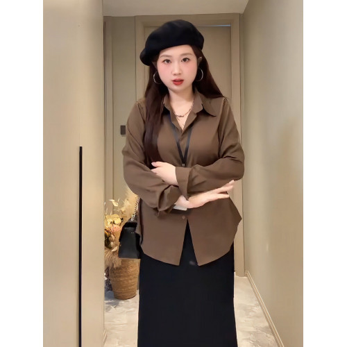 大碼胖mm韓系正肩POLO領收腰長袖襯衫女裝設計感顯瘦襯衣秋季上衣