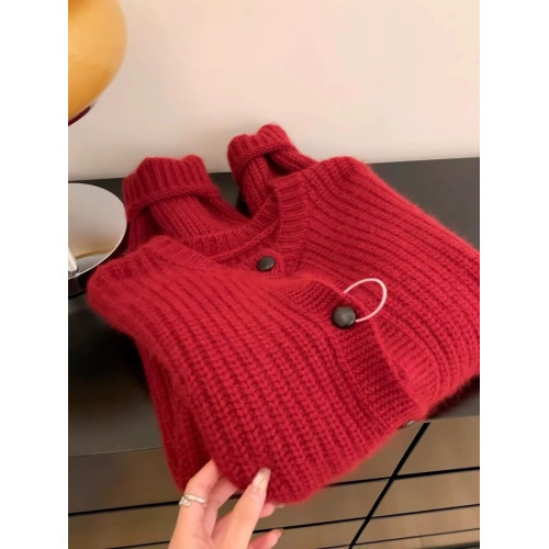 歐貨重工漂亮紅色針織羊毛開衫女秋冬新款軟糯超好看粗線毛衣外套