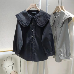 歐貨法式垂感襯衫女春秋氣質減齡襯衣設計感小衆大領花邊上衣大碼