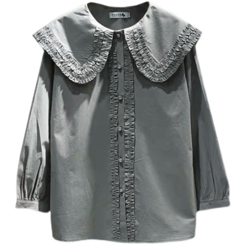 歐貨法式垂感襯衫女春秋氣質減齡襯衣設計感小衆大領花邊上衣大碼