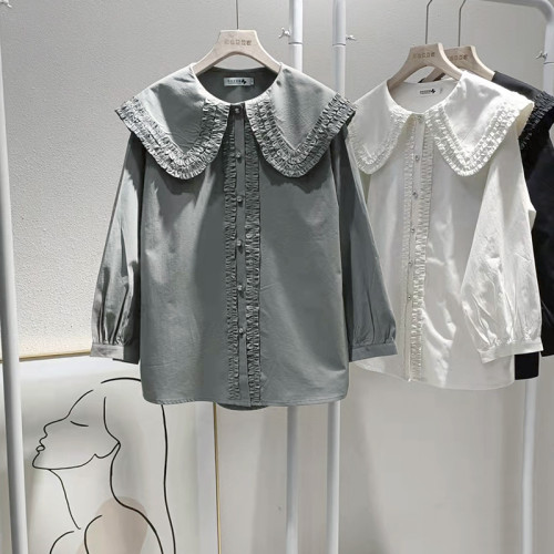 歐貨法式垂感襯衫女春秋氣質減齡襯衣設計感小衆大領花邊上衣大碼