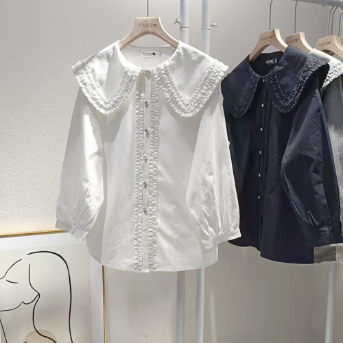 歐貨法式垂感襯衫女春秋氣質減齡襯衣設計感小衆大領花邊上衣大碼