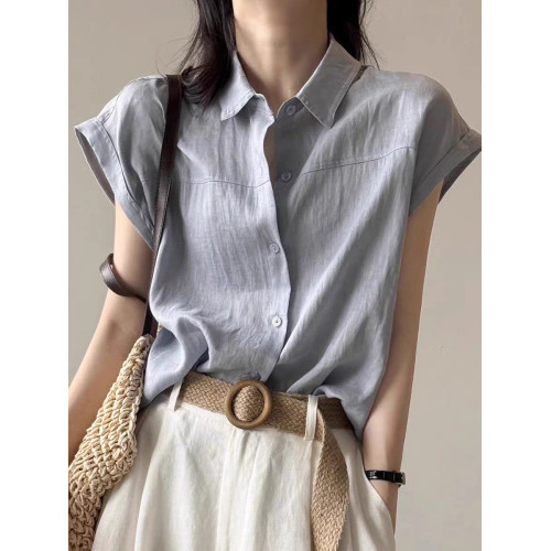 高級亞麻藍色短袖襯衫女夏通勤穿搭襯衣小飛袖無袖棉麻上衣高級感