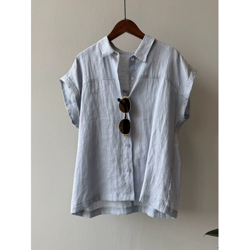 高級亞麻藍色短袖襯衫女夏通勤穿搭襯衣小飛袖無袖棉麻上衣高級感