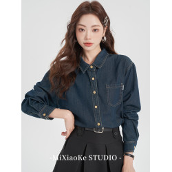 羋小可學院風套裝長袖牛仔襯衫女早秋襯衣內搭洋氣減齡上衣小個子