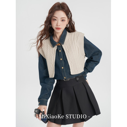 羋小可學院風套裝長袖牛仔襯衫女早秋襯衣內搭洋氣減齡上衣小個子