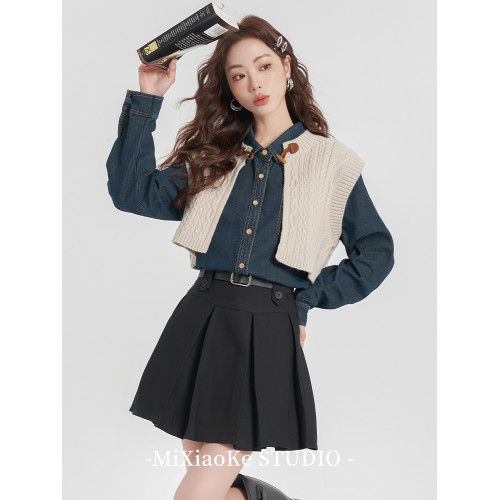 羋小可學院風套裝長袖牛仔襯衫女早秋襯衣內搭洋氣減齡上衣小個子