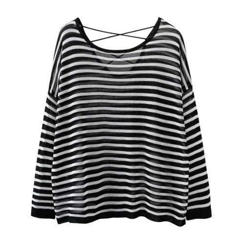 冰絲針織衫女寬鬆薄款別致設計感露背長袖上衣夏女防曬罩衫外搭潮