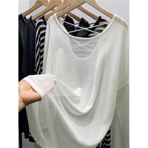 冰絲針織衫女寬鬆薄款別致設計感露背長袖上衣夏女防曬罩衫外搭潮