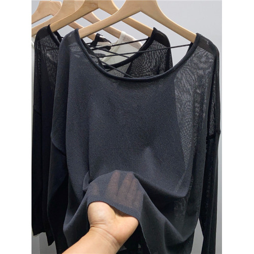 冰絲針織衫女寬鬆薄款別致設計感露背長袖上衣夏女防曬罩衫外搭潮