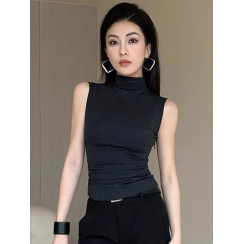 2025夏季新款時尚設計感打底衫純色高領背心修身顯瘦內搭女裝上衣